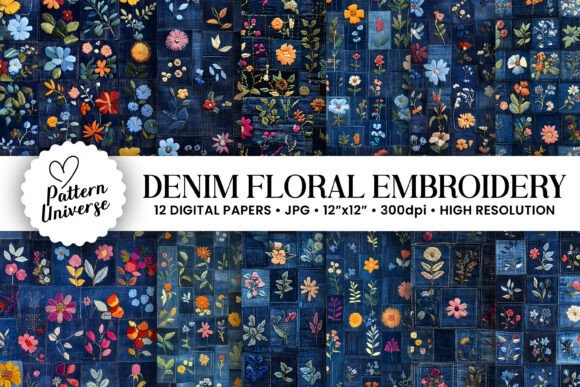 Denim Flowers Embroidery Digital Paper